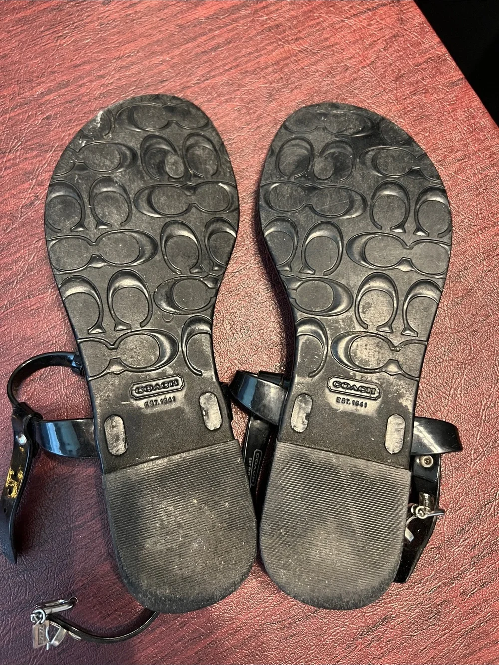 Coach Black Patent Leather T-Strap Sandals